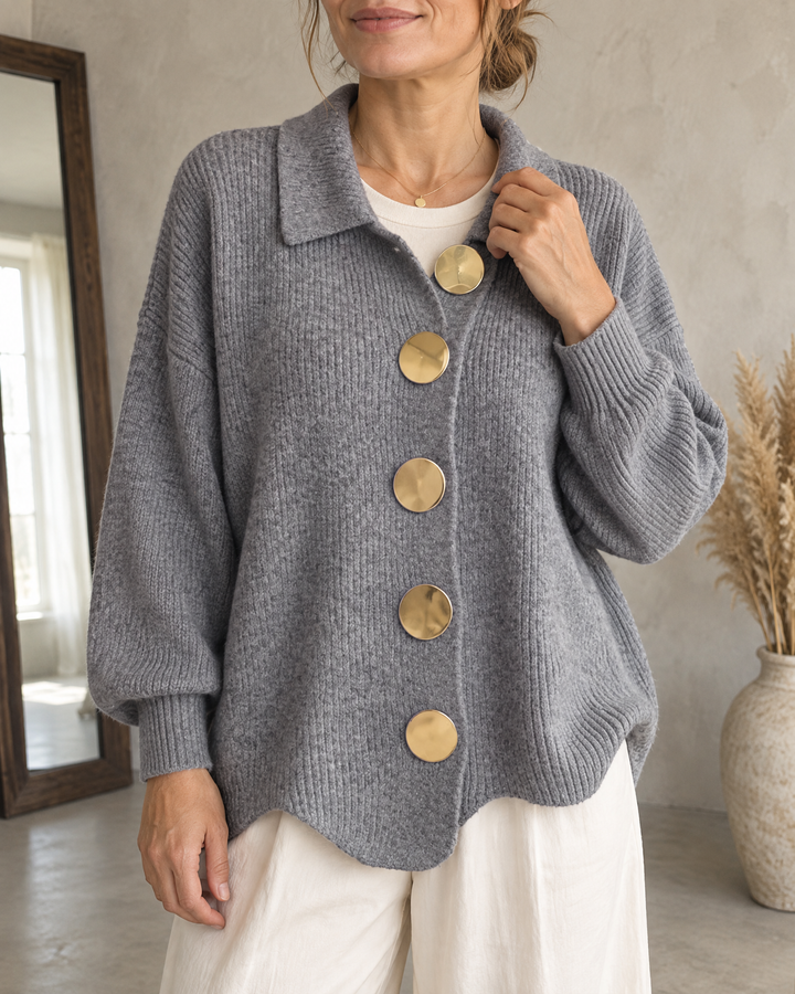 Albane - Collared Button Cardigan in grey, front view