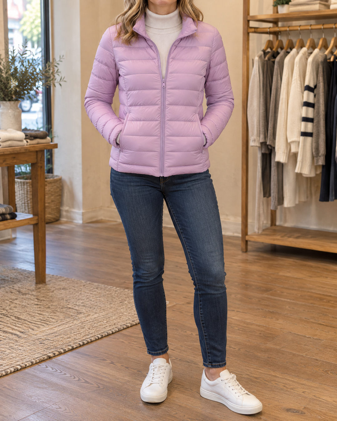 Aline - Lightweight Down Jacket in lilac, front view