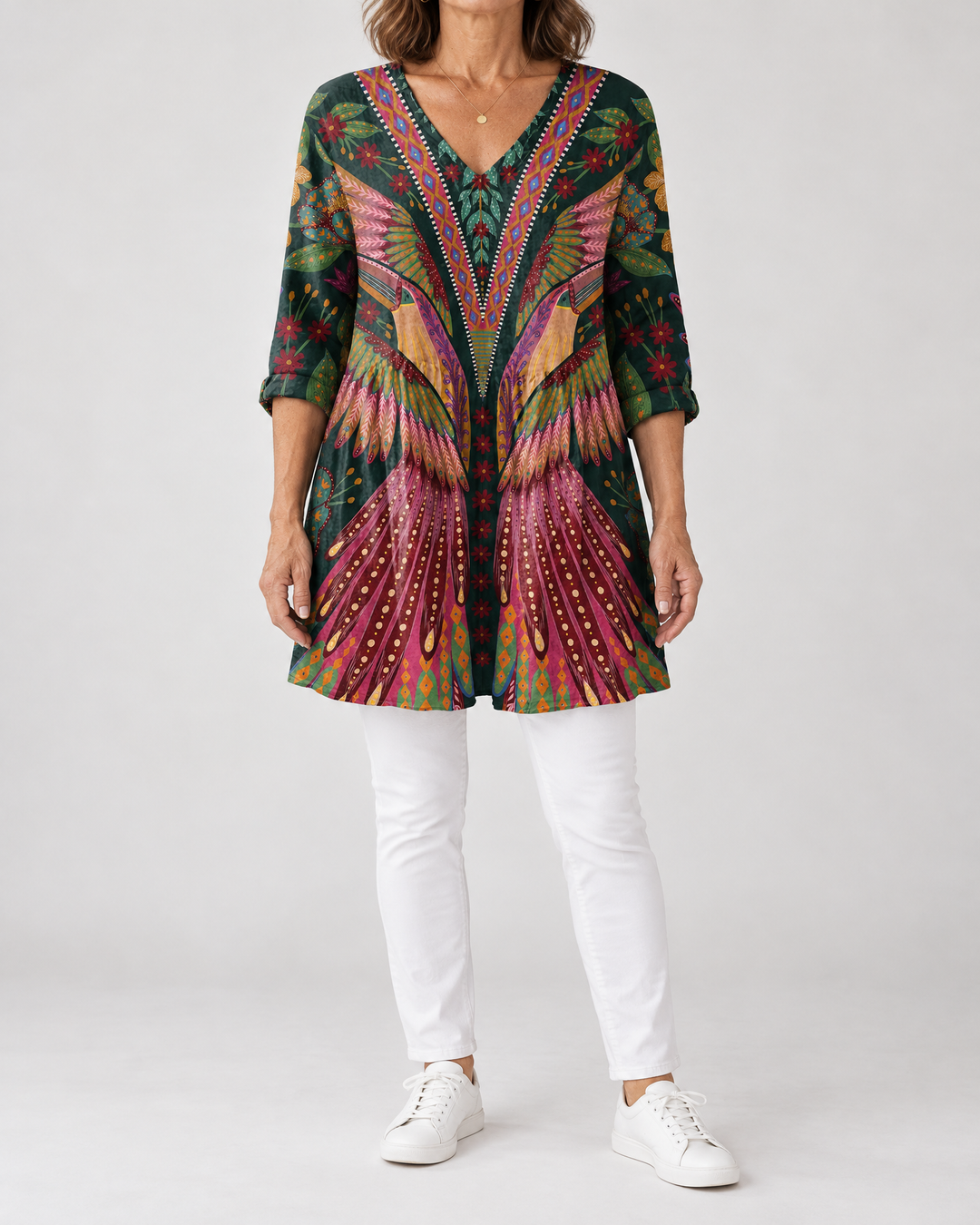 Marguerite - Printed Tunic Top in plume print, front view
