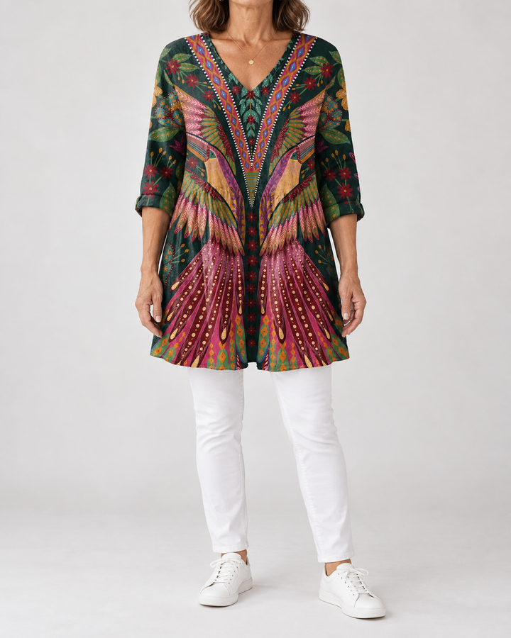 Marguerite - Printed Tunic Top in plume print, front view