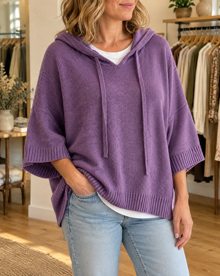 Mariette - Hooded Knit Poncho in purple, front view