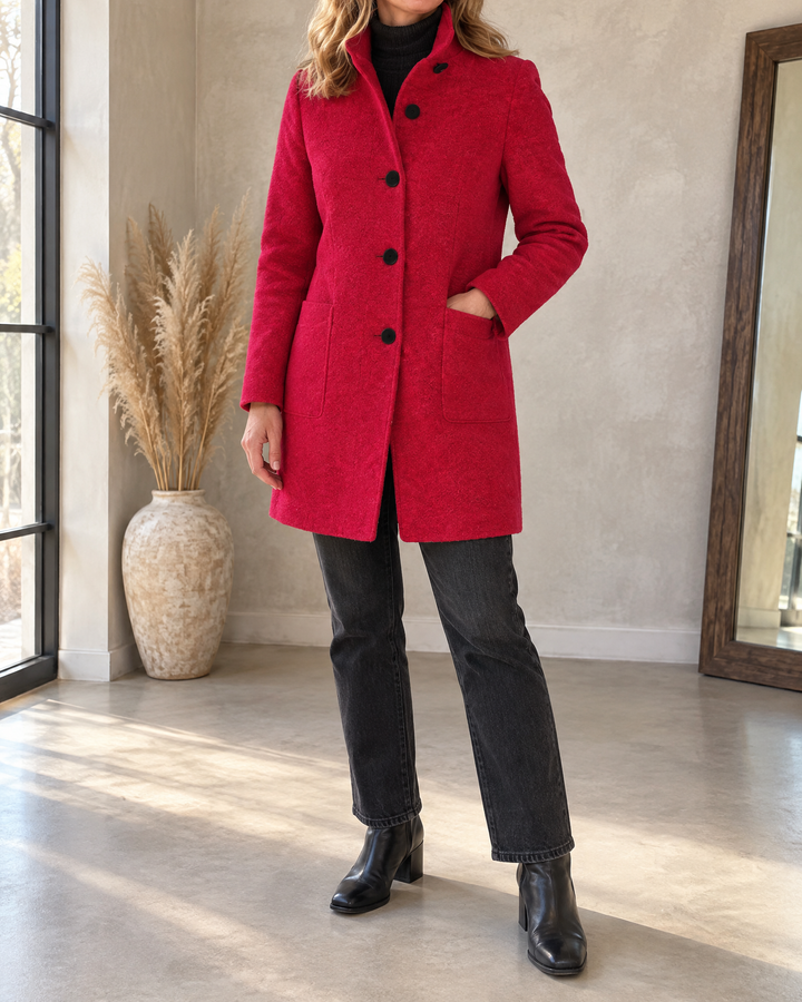 Augustine - Stand Collar Wool-Look Coat in red, front view