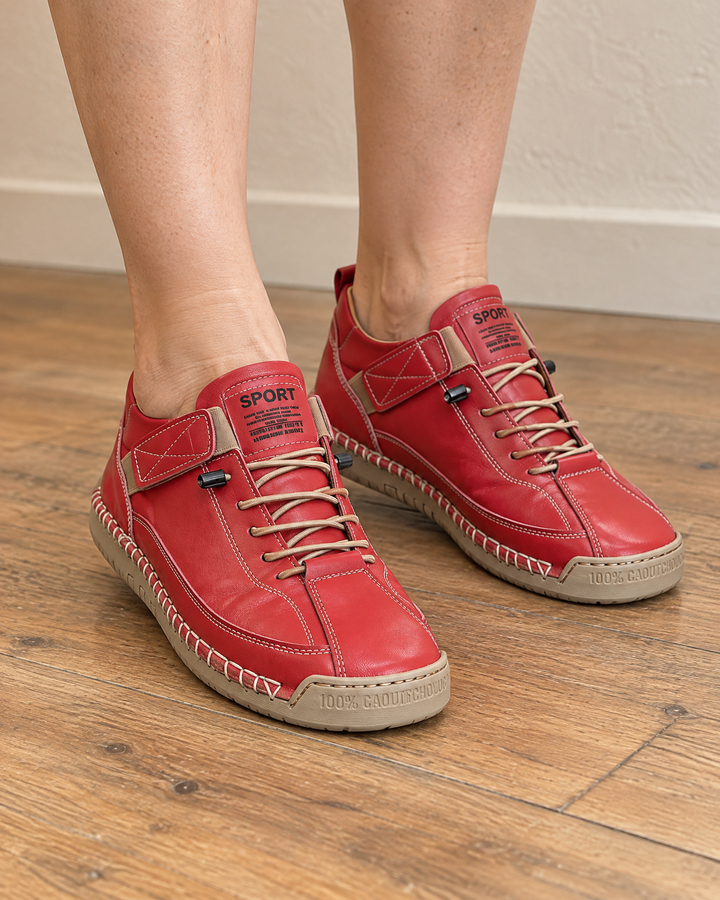 Lison - Easy-On Stitched Sneakers in red, front view