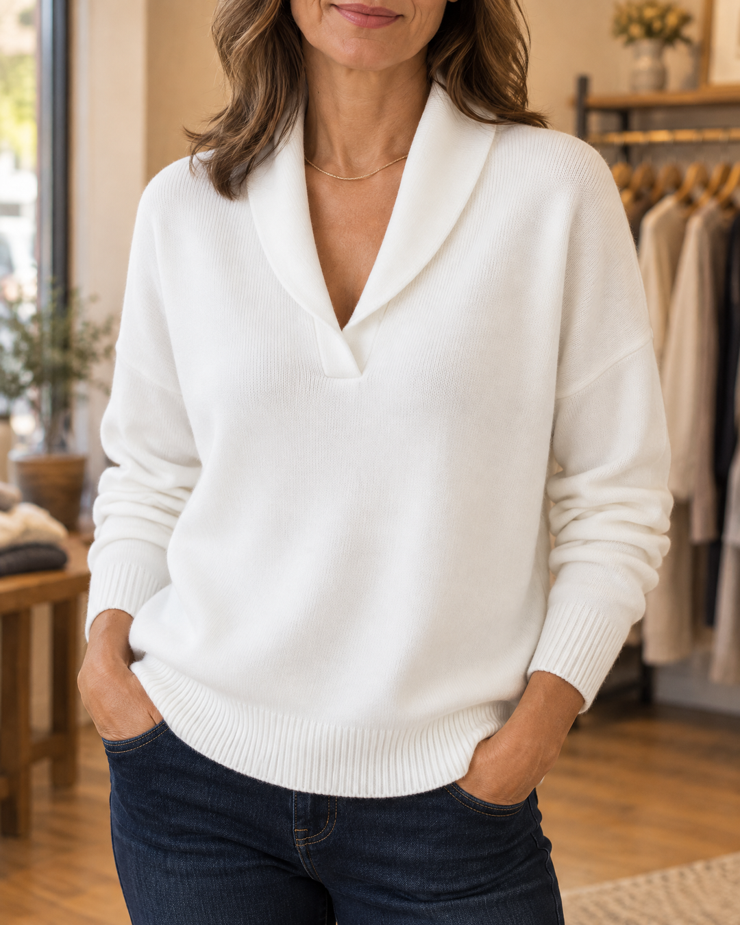 Helene - Shawl Collar Sweater in white, front view