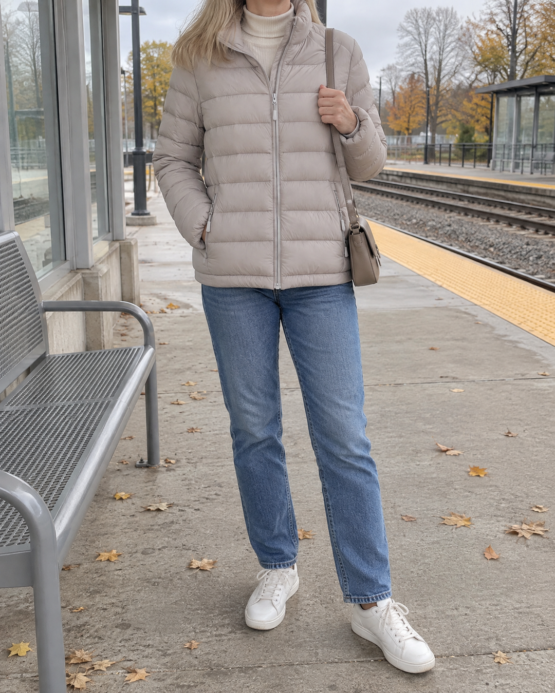 Adeline - Stand Collar Puffer Jacket in light grey, waiting for the morning train
