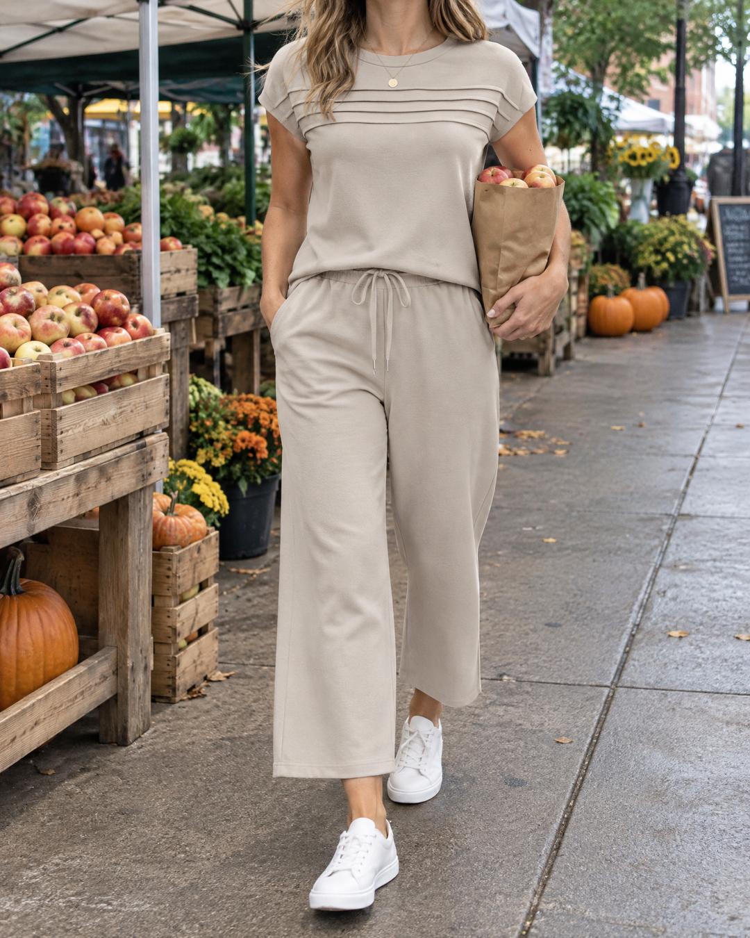 Anouk - Pleated Tee and Cropped Trouser Set in stone, at the farmers&