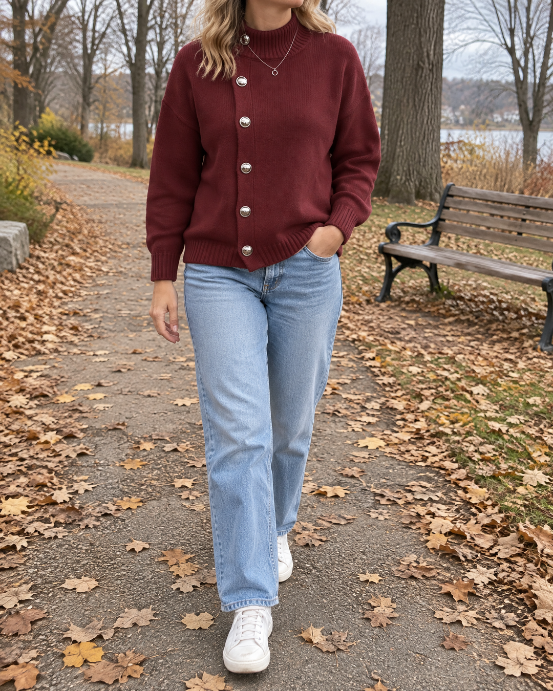 Sixtine - Silver Button Mock Neck Sweater in burgundy, on a park path on an overcast afternoon