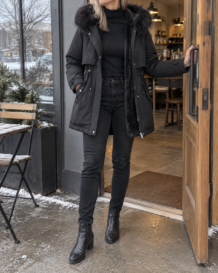 Geraldine - Plush Lined Parka in black, at the door of a café