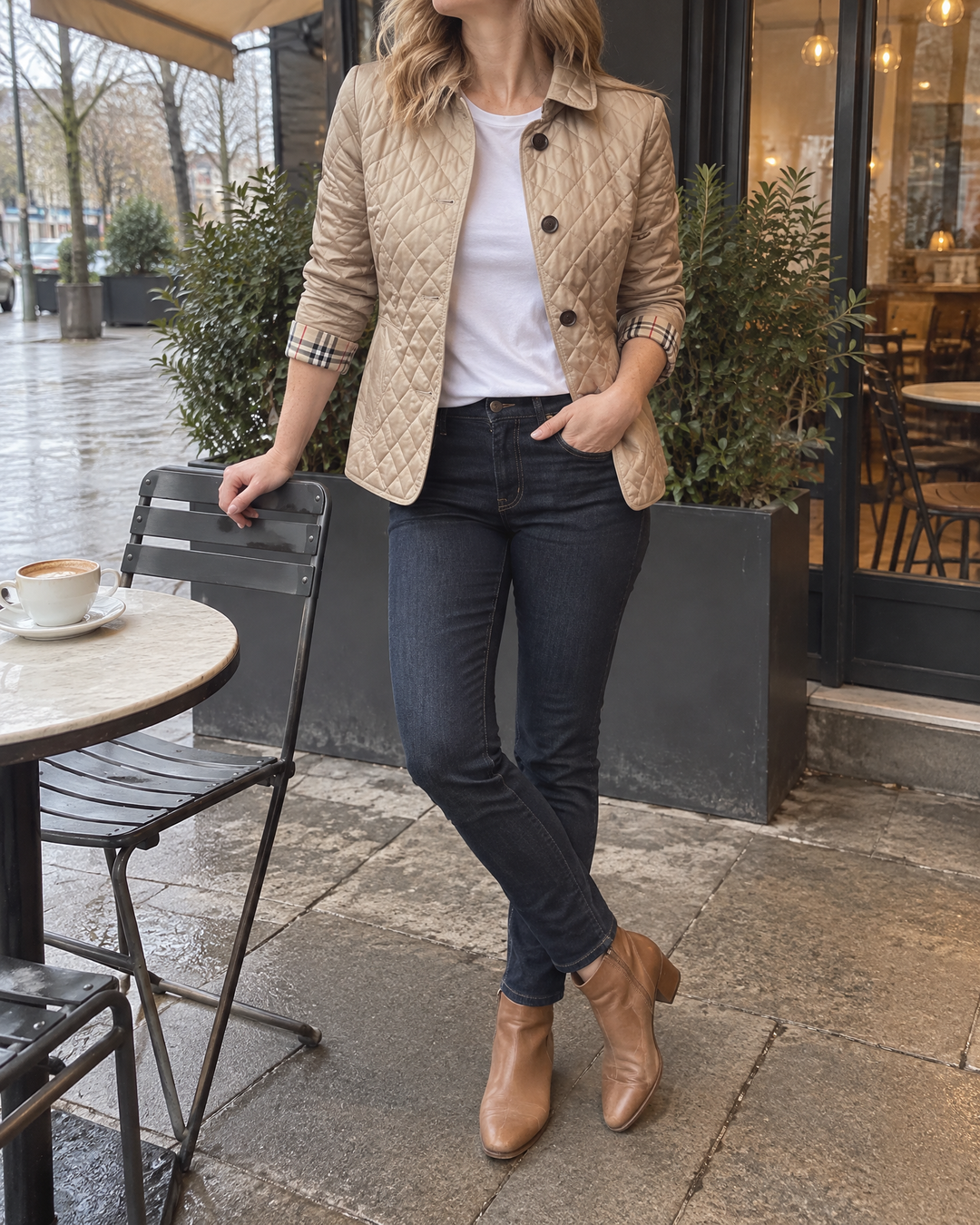 Claudine - Diamond Quilted Jacket in khaki, at a café table in the afternoon