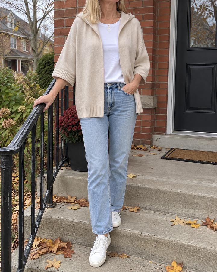 Viviane - Hooded Open-Front Cardigan in oat, on the front steps of a house on an overcast afternoon