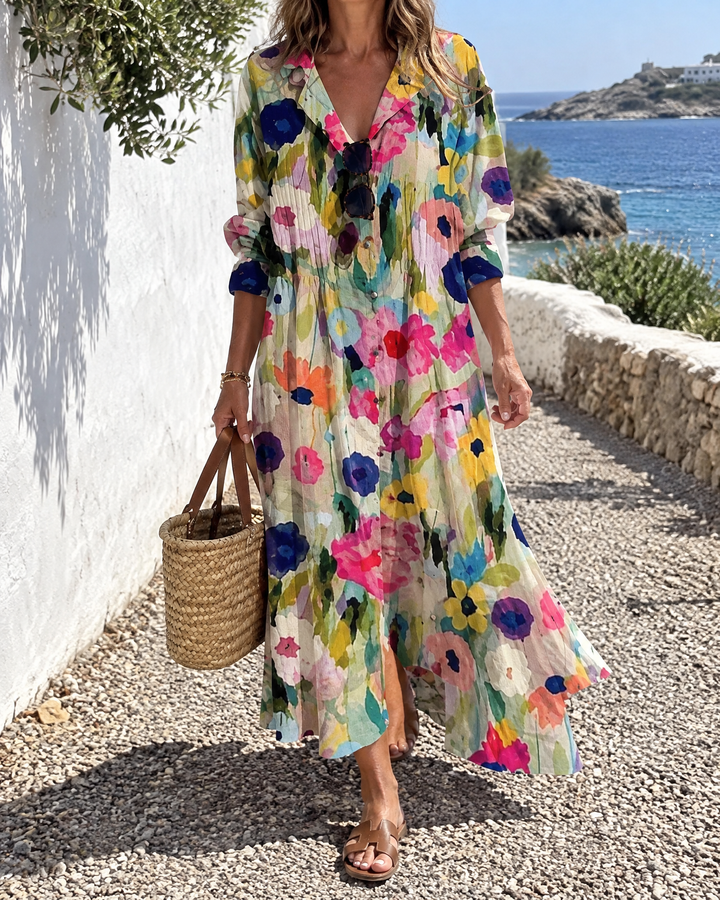 Mireille - Bohemian Maxi Shirt Dress in garden bloom, worn on a coastal path