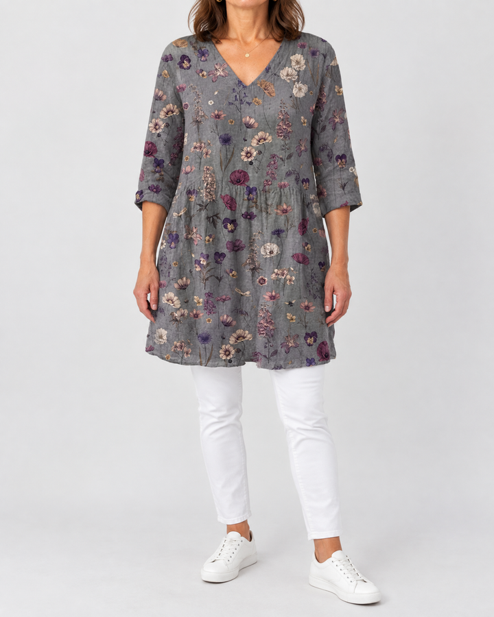 Marguerite - Printed Tunic Top in grey wildflower, front view