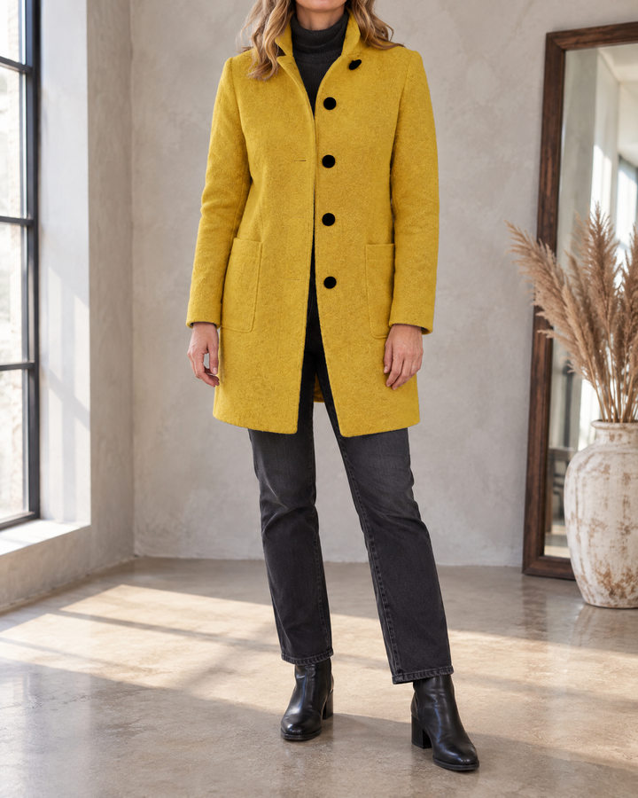 Augustine - Stand Collar Wool-Look Coat in mustard, front view