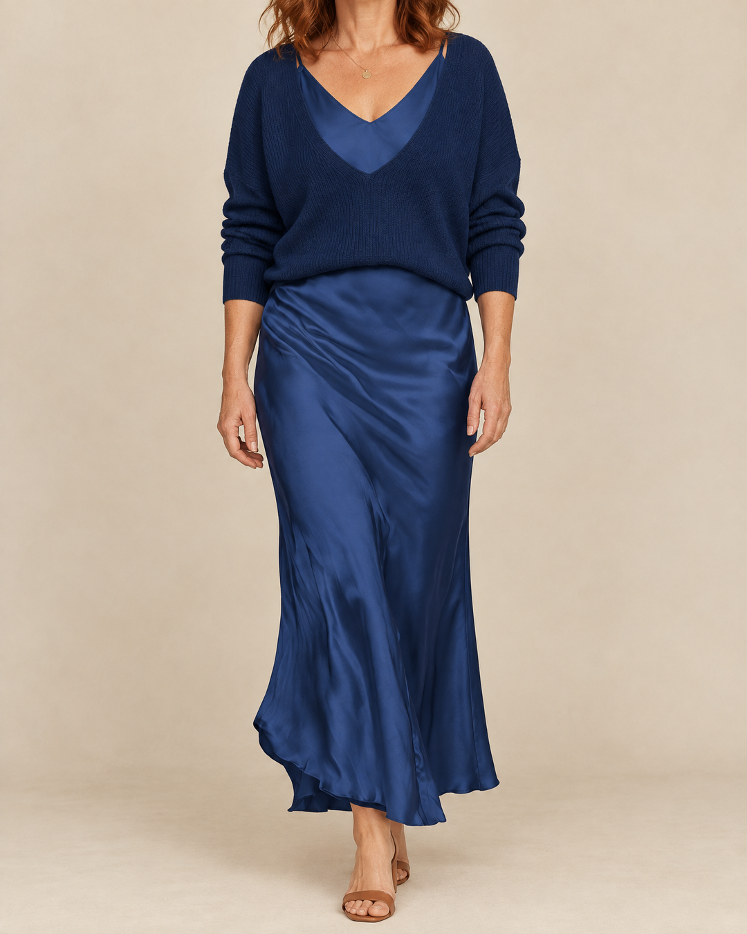 Aurore - Sweater and Satin Slip Set in navy, front view