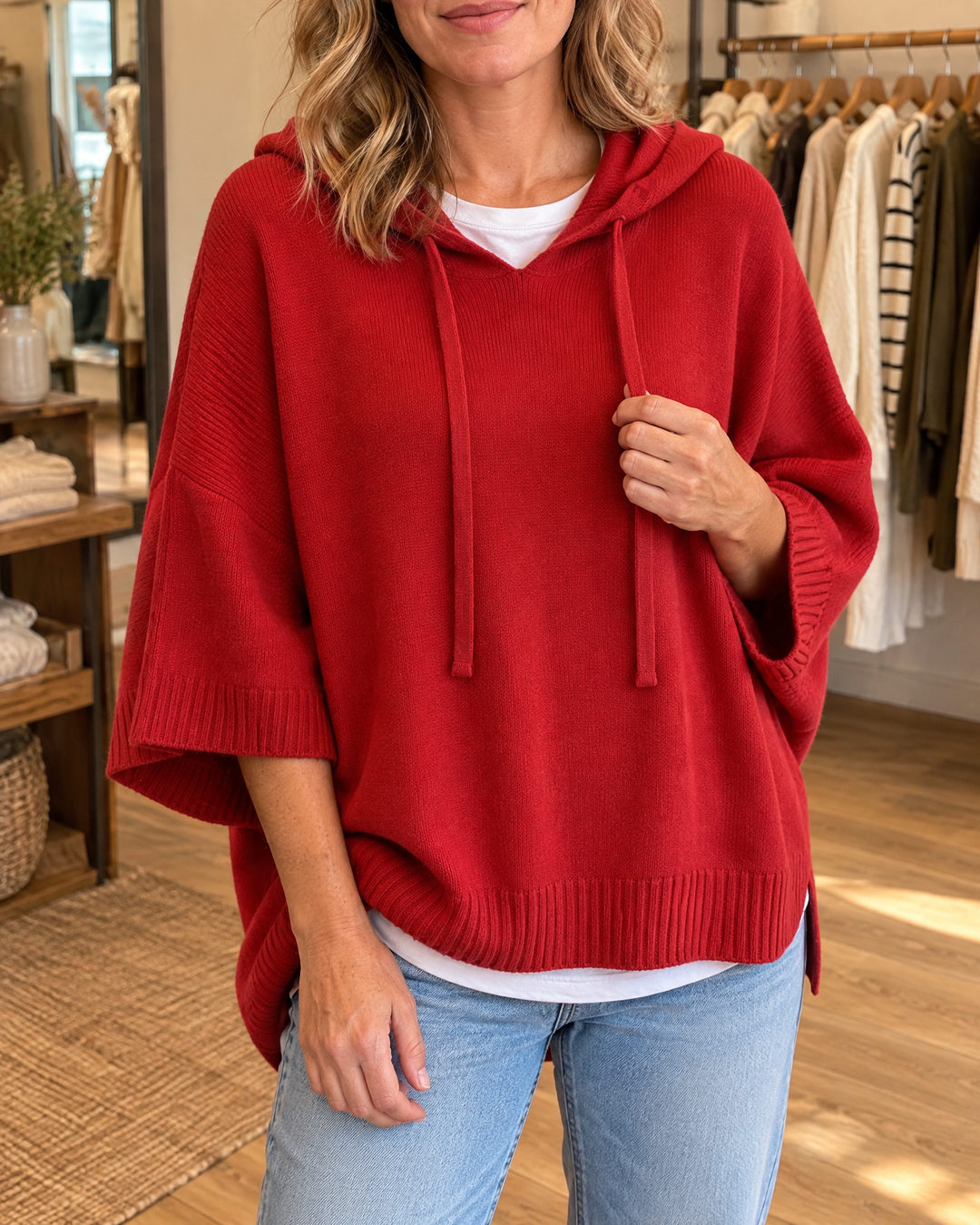 Mariette - Hooded Knit Poncho in red, front view