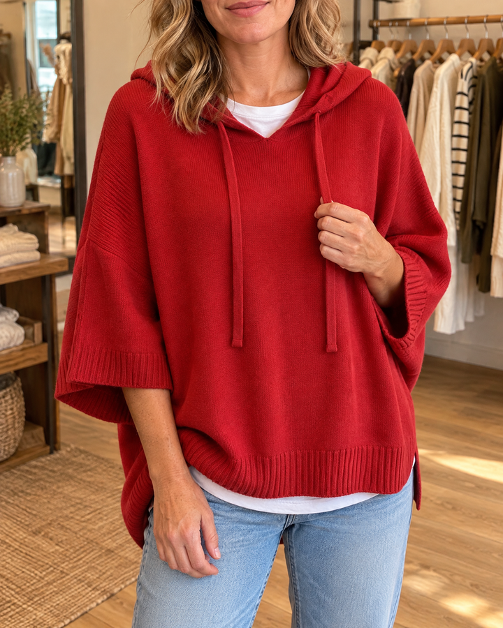 Mariette - Hooded Knit Poncho in red, front view