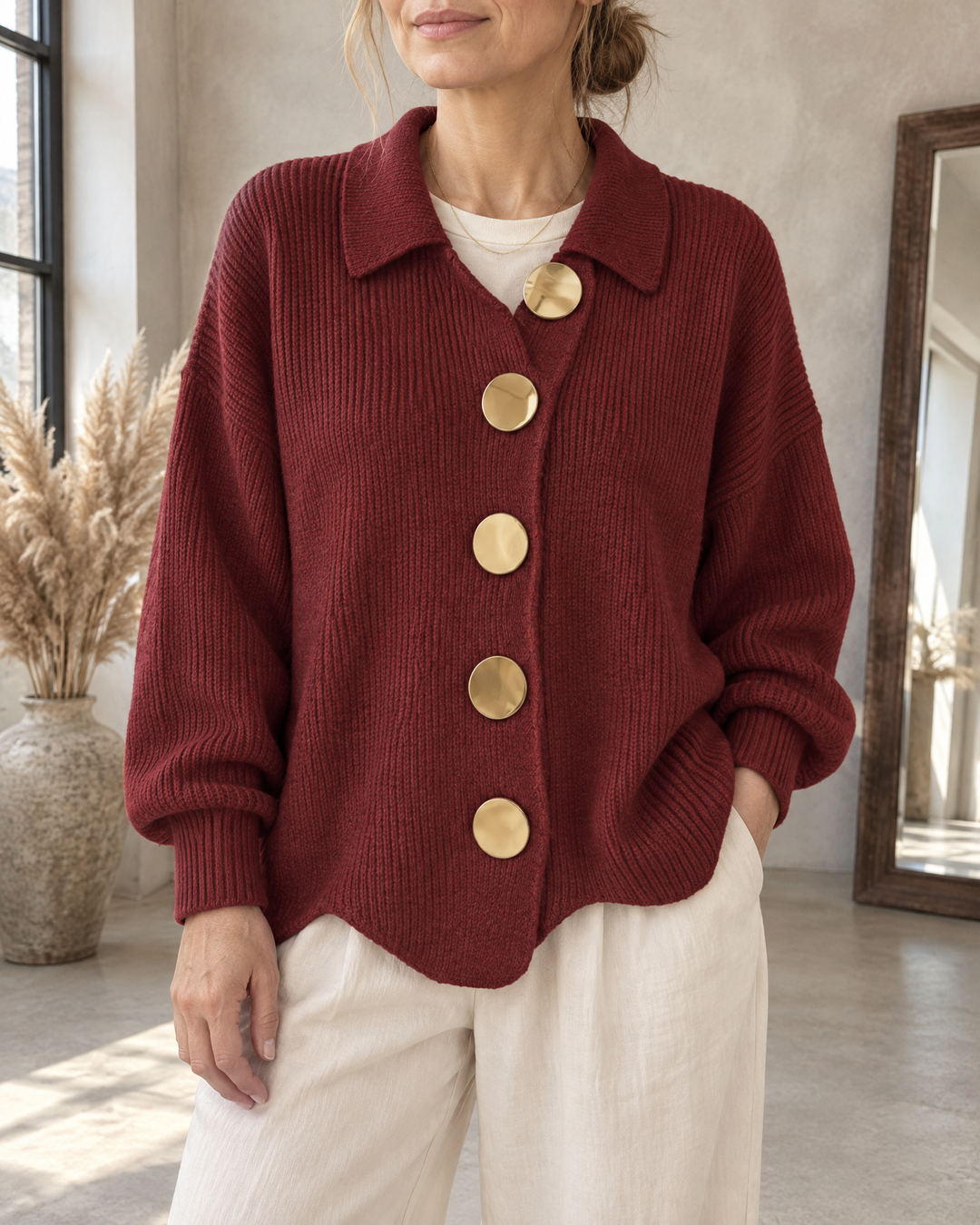 Albane - Collared Button Cardigan in wine, front view