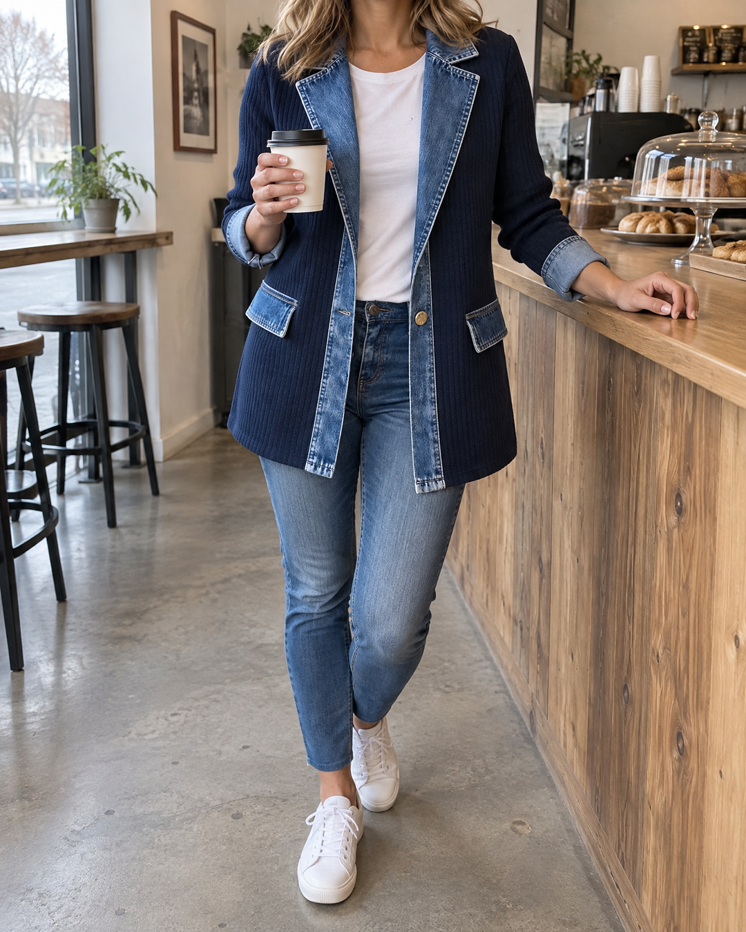 Clarisse - Knit and Denim Jacket in navy, on an ordinary weekday, waiting for coffee