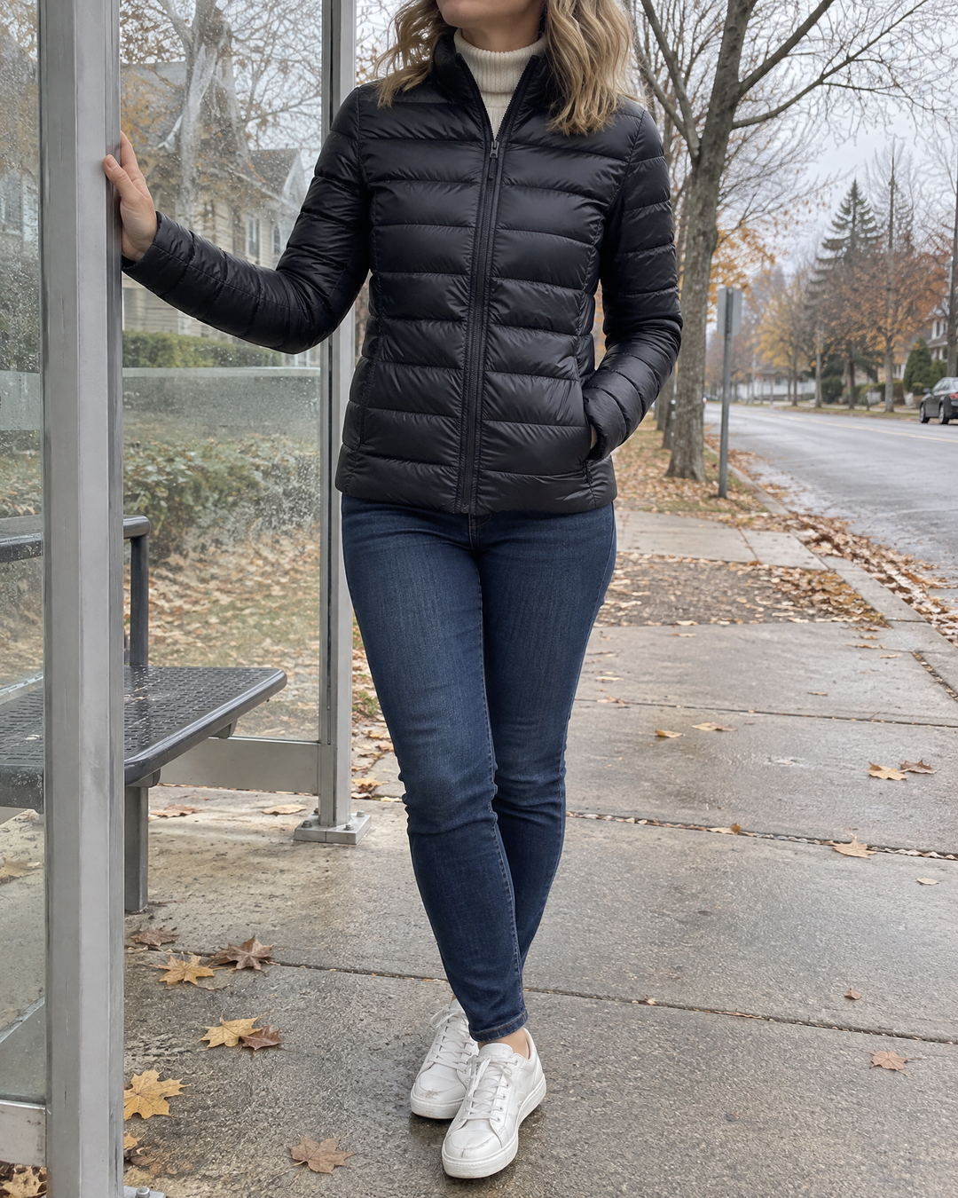 Aline - Lightweight Down Jacket in black, waiting for the bus on a grey morning