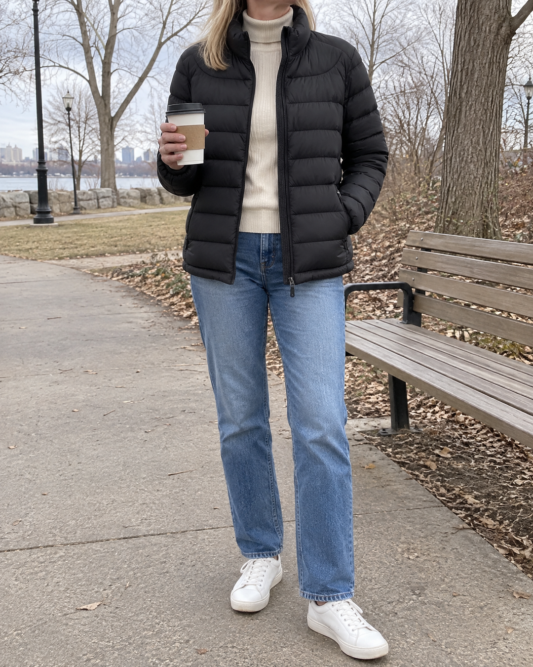 Adeline - Stand Collar Puffer Jacket in black, on a walk in the park