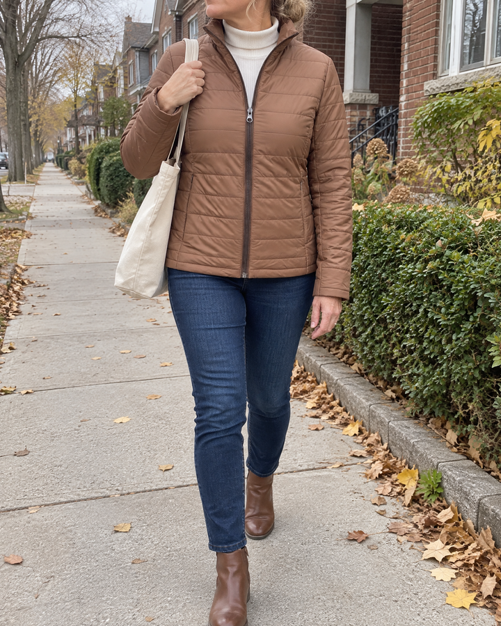 Alice - Fleece Lined Quilted Jacket in brown, on an autumn walk