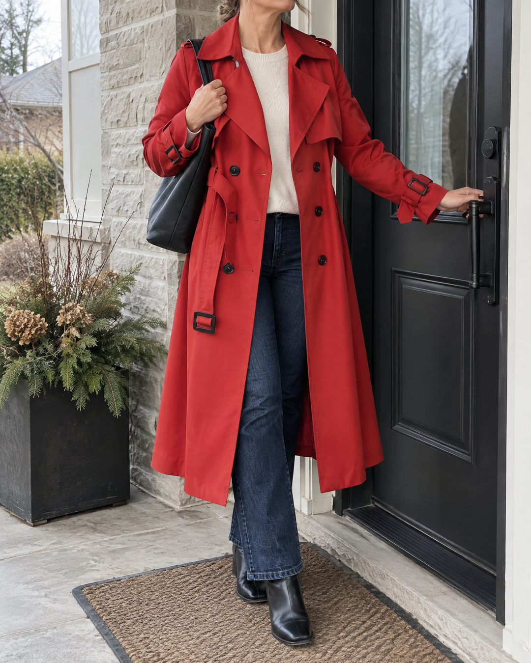 Monique - Long Belted Trench Coat in red, at the front door on a cloudy afternoon