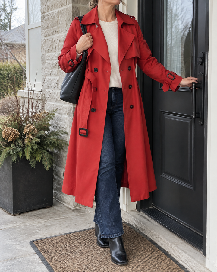 Monique - Long Belted Trench Coat in red, at the front door on a cloudy afternoon