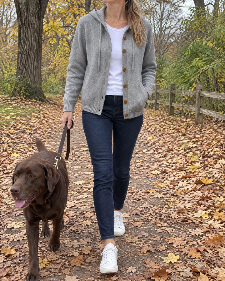 Greta - Hooded Knit Cardigan in grey, worn in the park