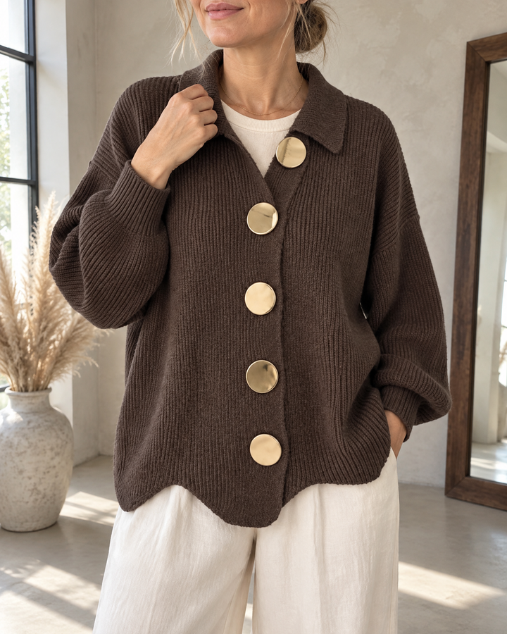 Albane - Collared Button Cardigan in brown, front view