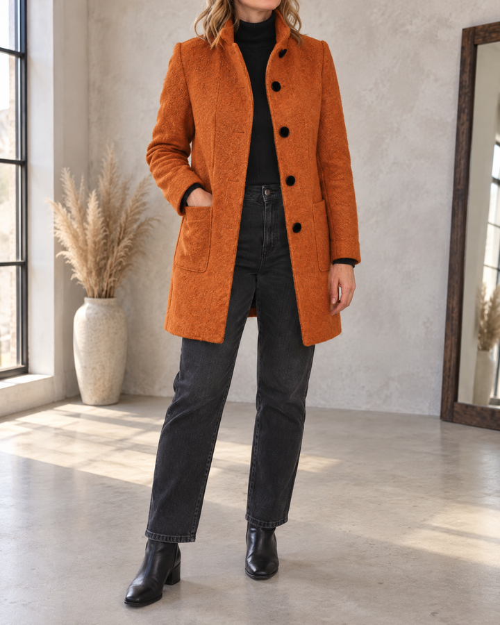 Augustine - Stand Collar Wool-Look Coat in burnt orange, front view