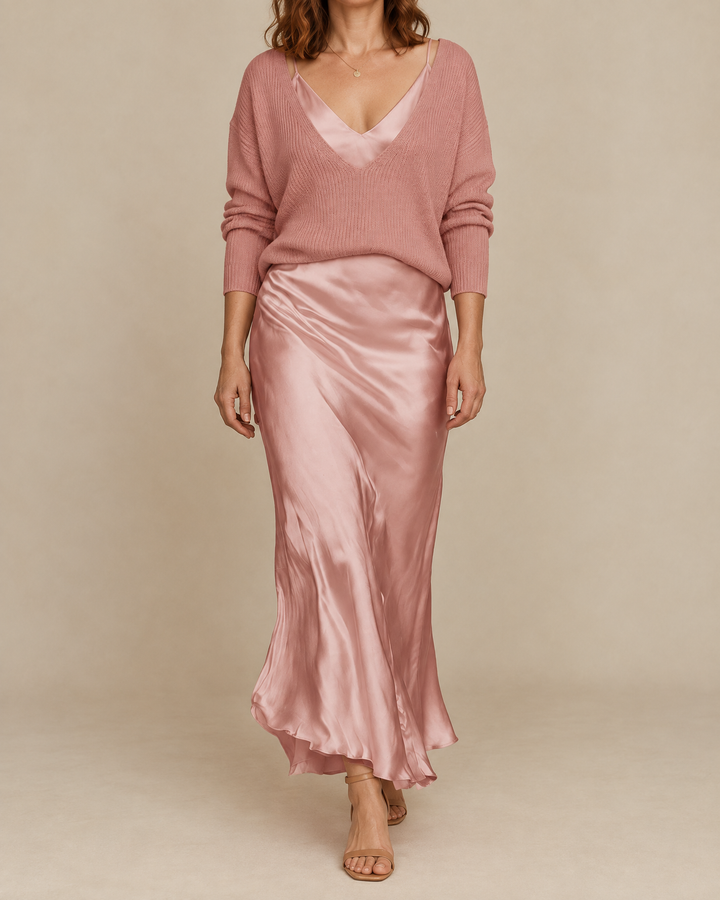 Aurore - Sweater and Satin Slip Set in pink, front view