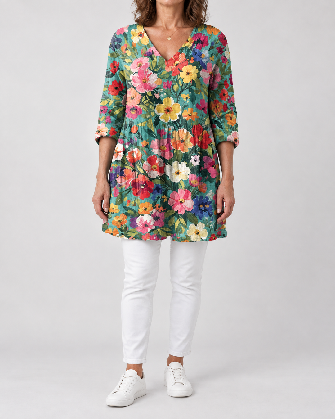 Marguerite - Printed Tunic Top in summer bouquet, front view