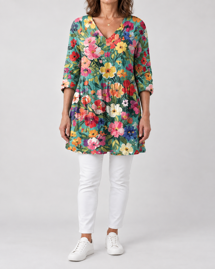Marguerite - Printed Tunic Top in summer bouquet, front view