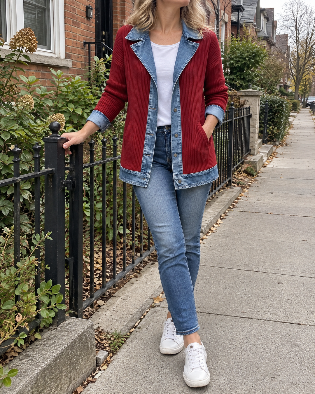 Clarisse - Knit and Denim Jacket in red, on a residential street