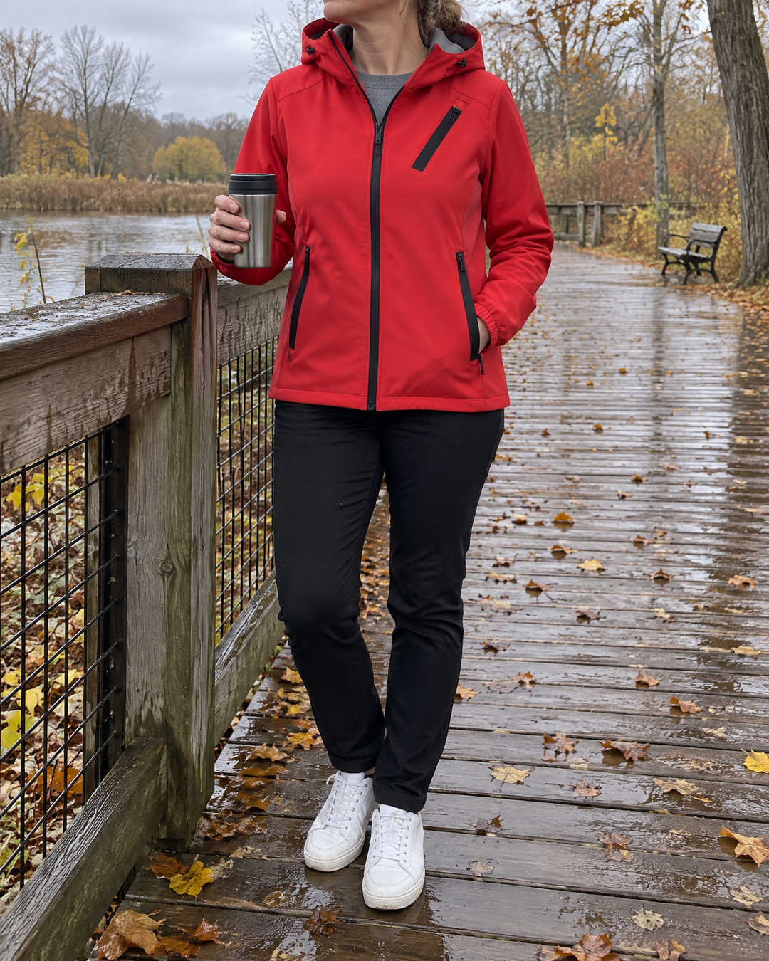 Gwenaelle - Hooded Softshell Jacket in red, on a boardwalk in the park after the rain