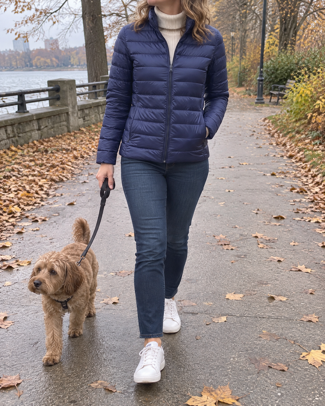Aline - Lightweight Down Jacket in navy, walking the dog in the park
