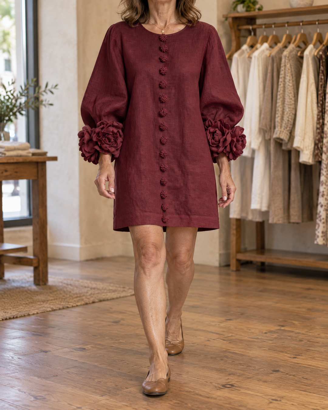 Rosalie - Floral Cuff Dress in burgundy, front view