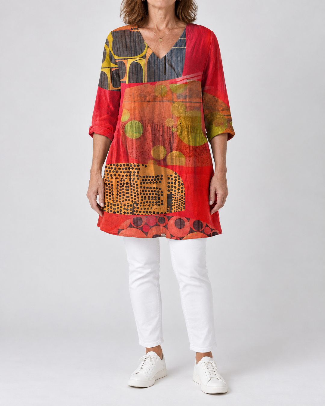 Marguerite - Printed Tunic Top in red patchwork, front view
