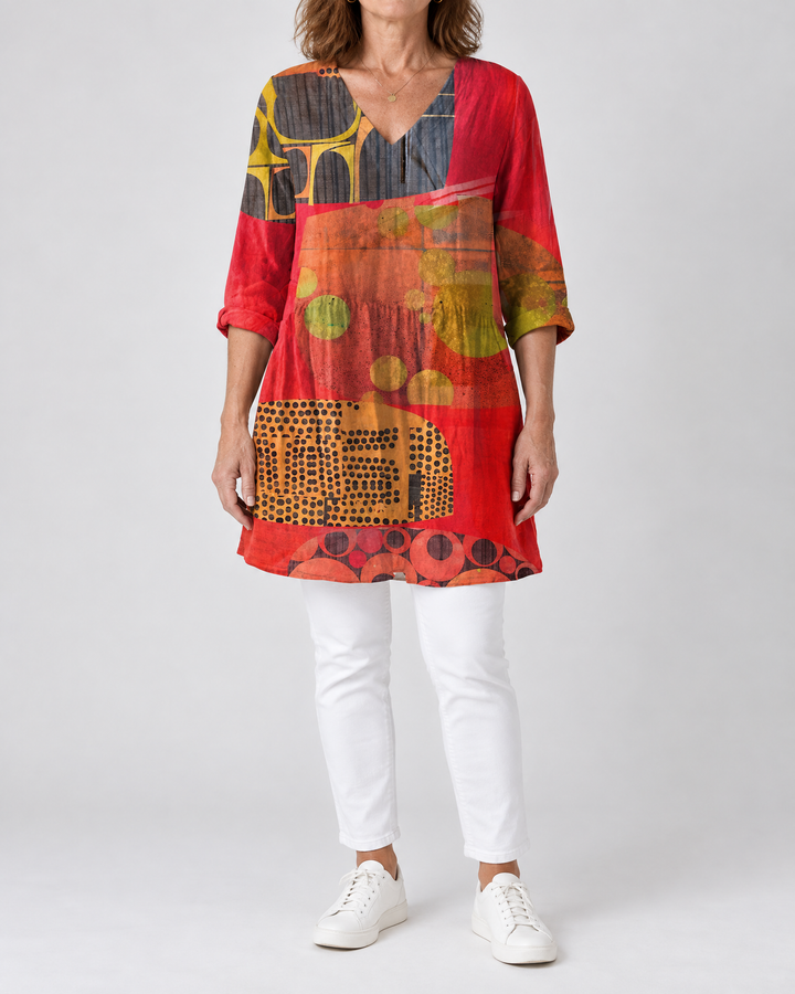 Marguerite - Printed Tunic Top in red patchwork, front view