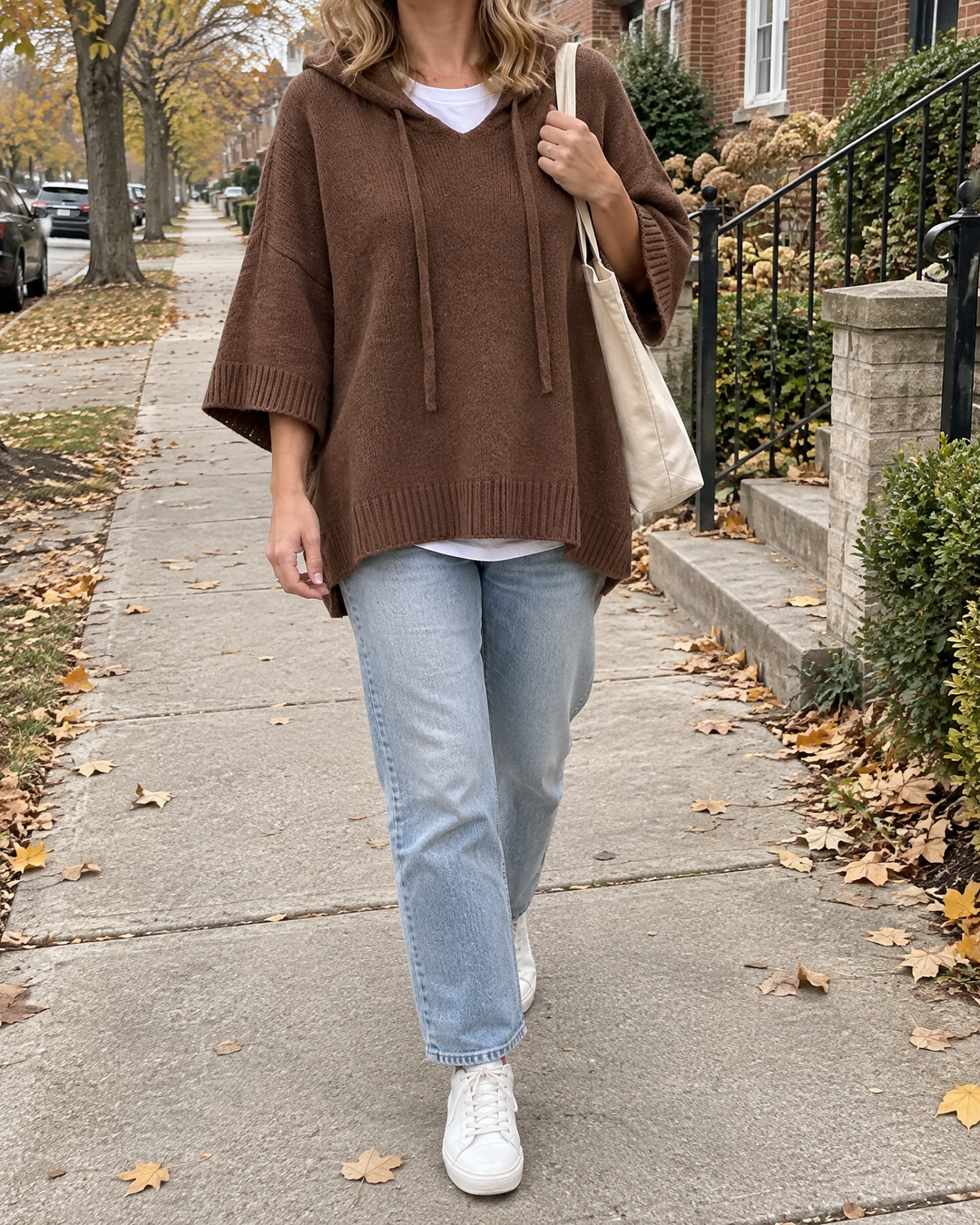 Mariette - Hooded Knit Poncho in brown, on an autumn walk