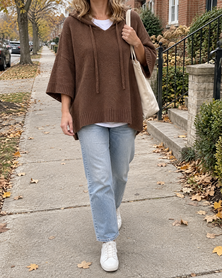 Mariette - Hooded Knit Poncho in brown, on an autumn walk