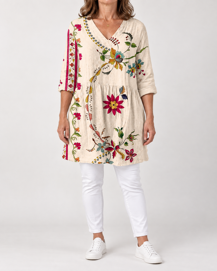 Marguerite - Printed Tunic Top in cream folk floral, front view