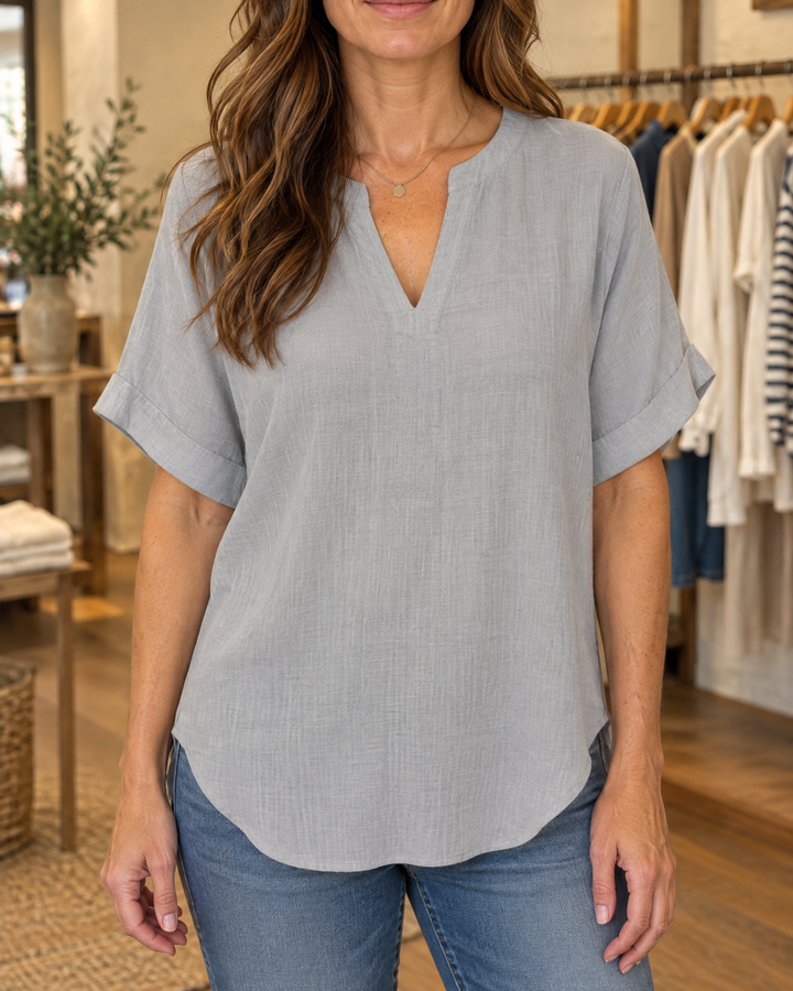 Elodie - Relaxed V-Neck Blouse in grey, front view