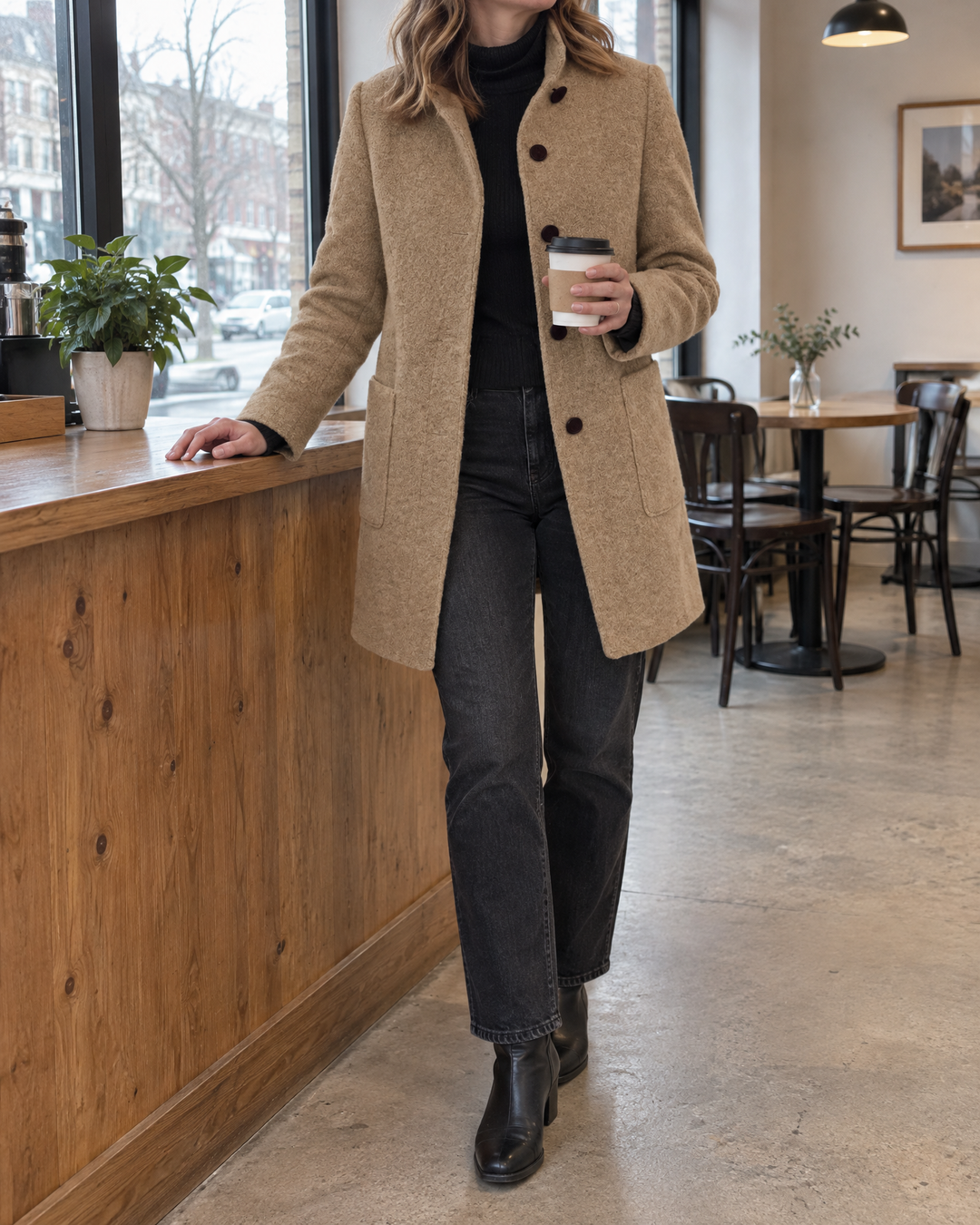 Augustine - Stand Collar Wool-Look Coat in camel, in a small neighbourhood café on a grey afternoon