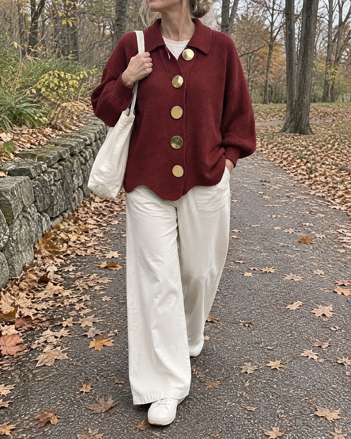 Albane - Collared Button Cardigan in wine, walking in a park in the fall