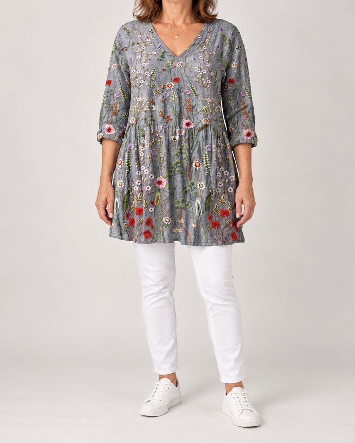 Marguerite - Printed Tunic Top in slate wildflower, front view