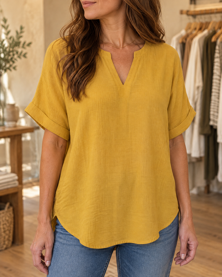 Elodie - Relaxed V-Neck Blouse in yellow, front view