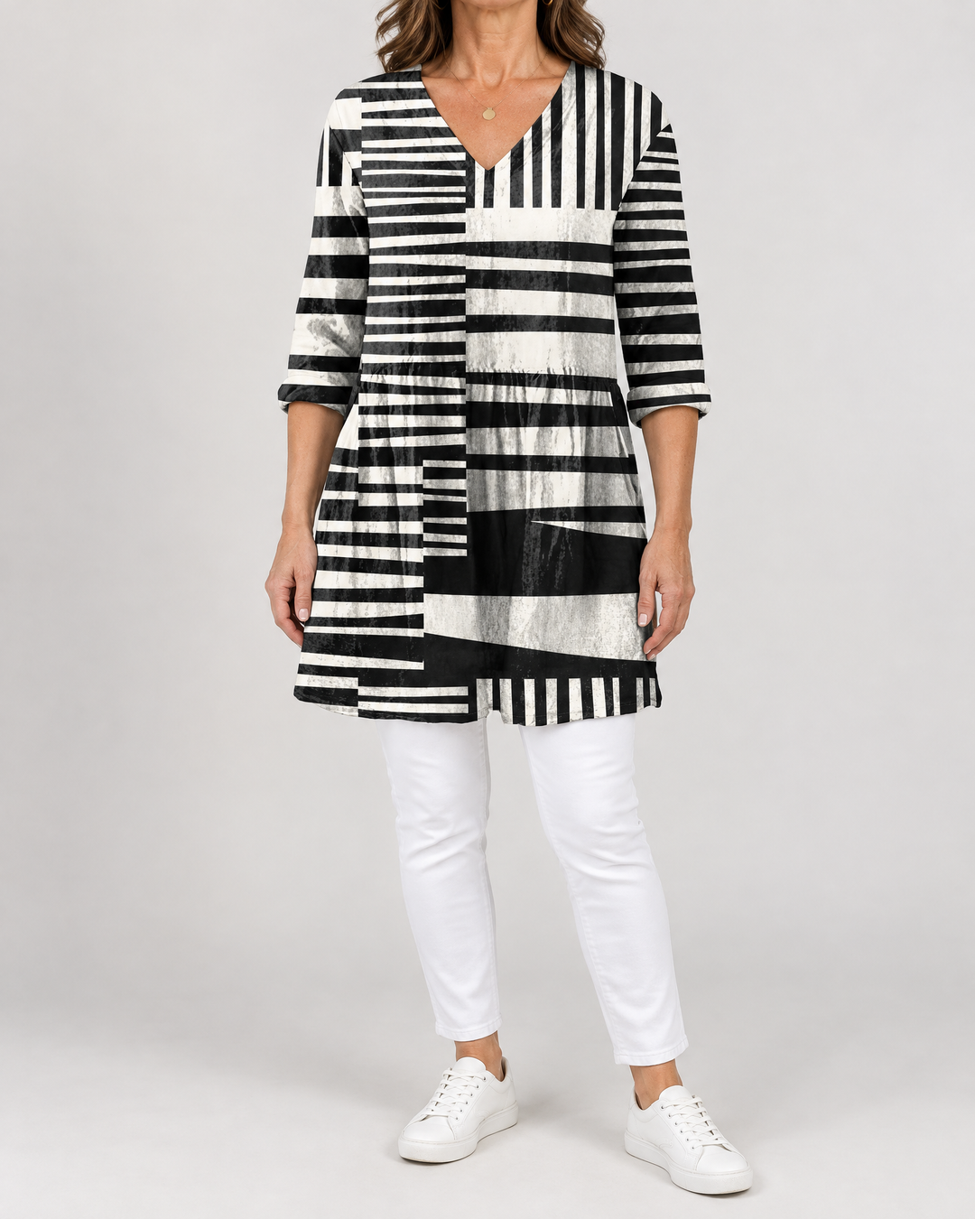 Marguerite - Printed Tunic Top in black white stripe, front view