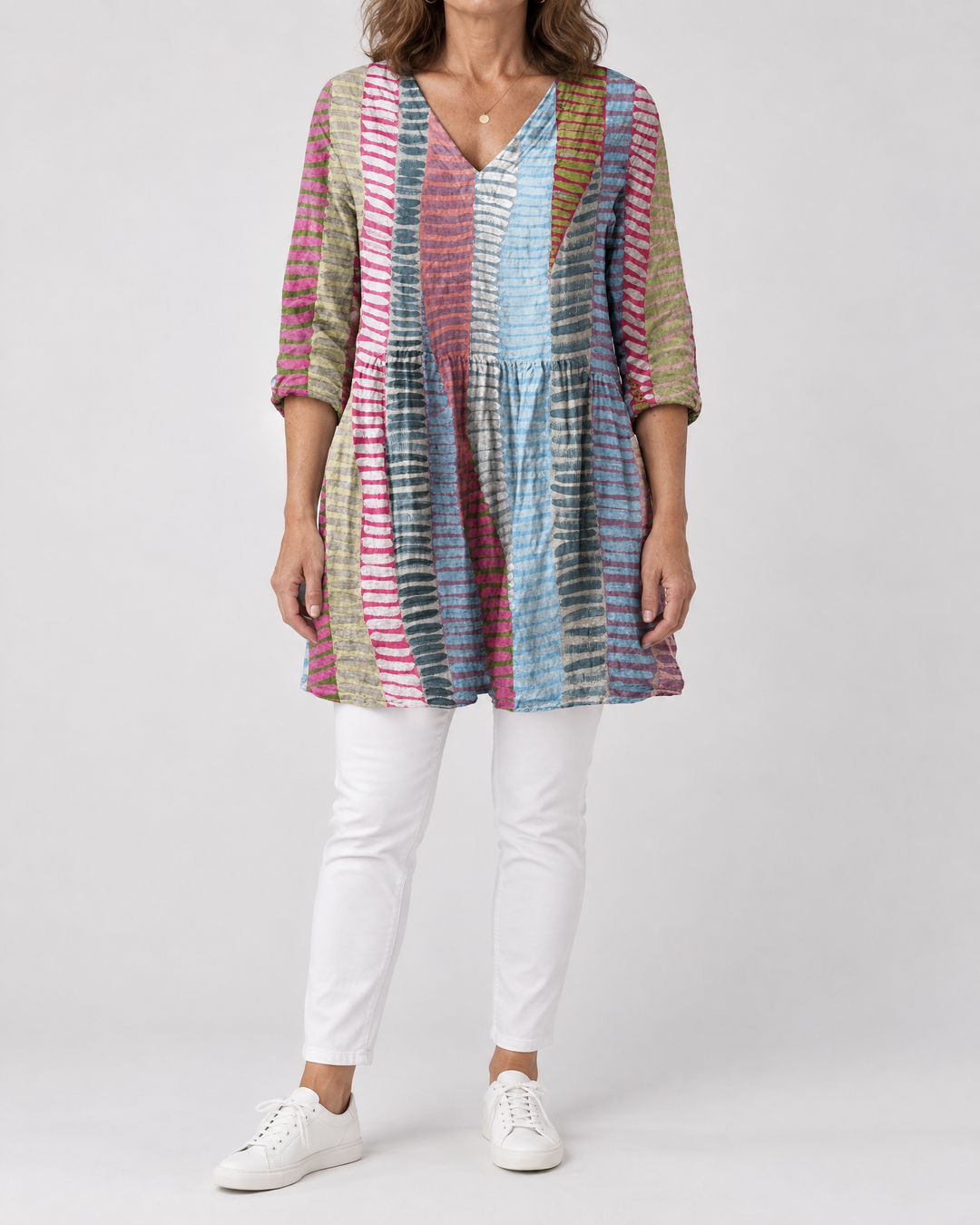 Marguerite - Printed Tunic Top in pastel stripe patchwork, front view