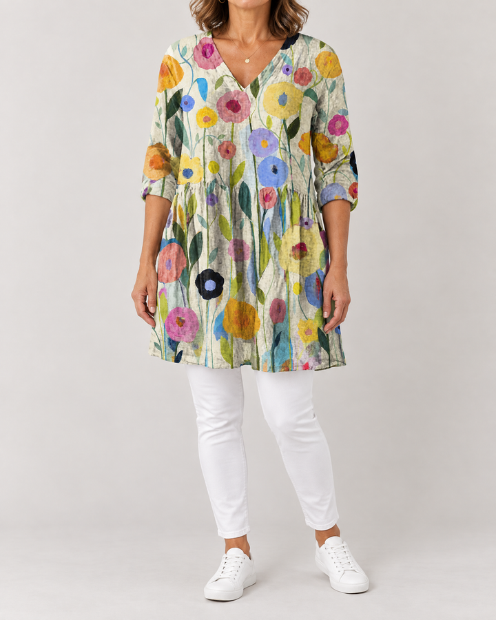 Marguerite - Printed Tunic Top in painted blooms, front view
